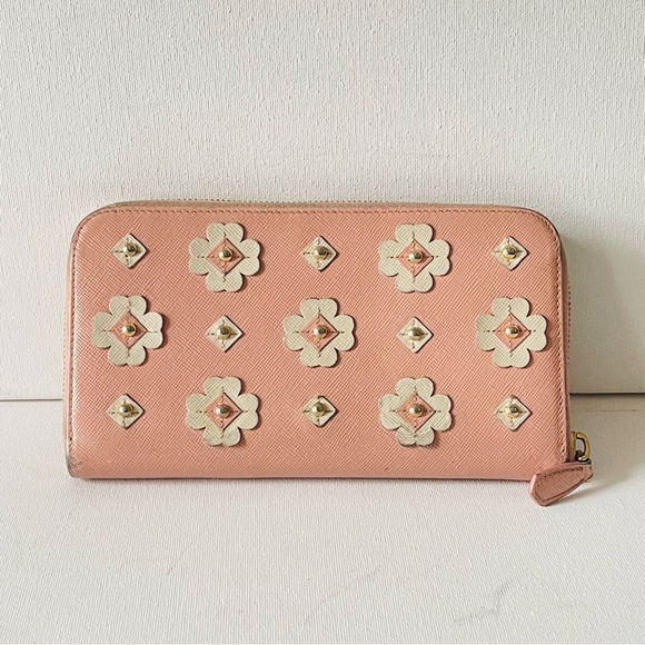 PRADA Saffiano Leather Flower Pearl Long  Zip Around Wallet - Picture 2 of 8